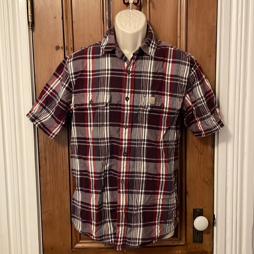 Carhartt Men’s Short Sleeve Button Work Shirt relaxed medium red Cream Plaid